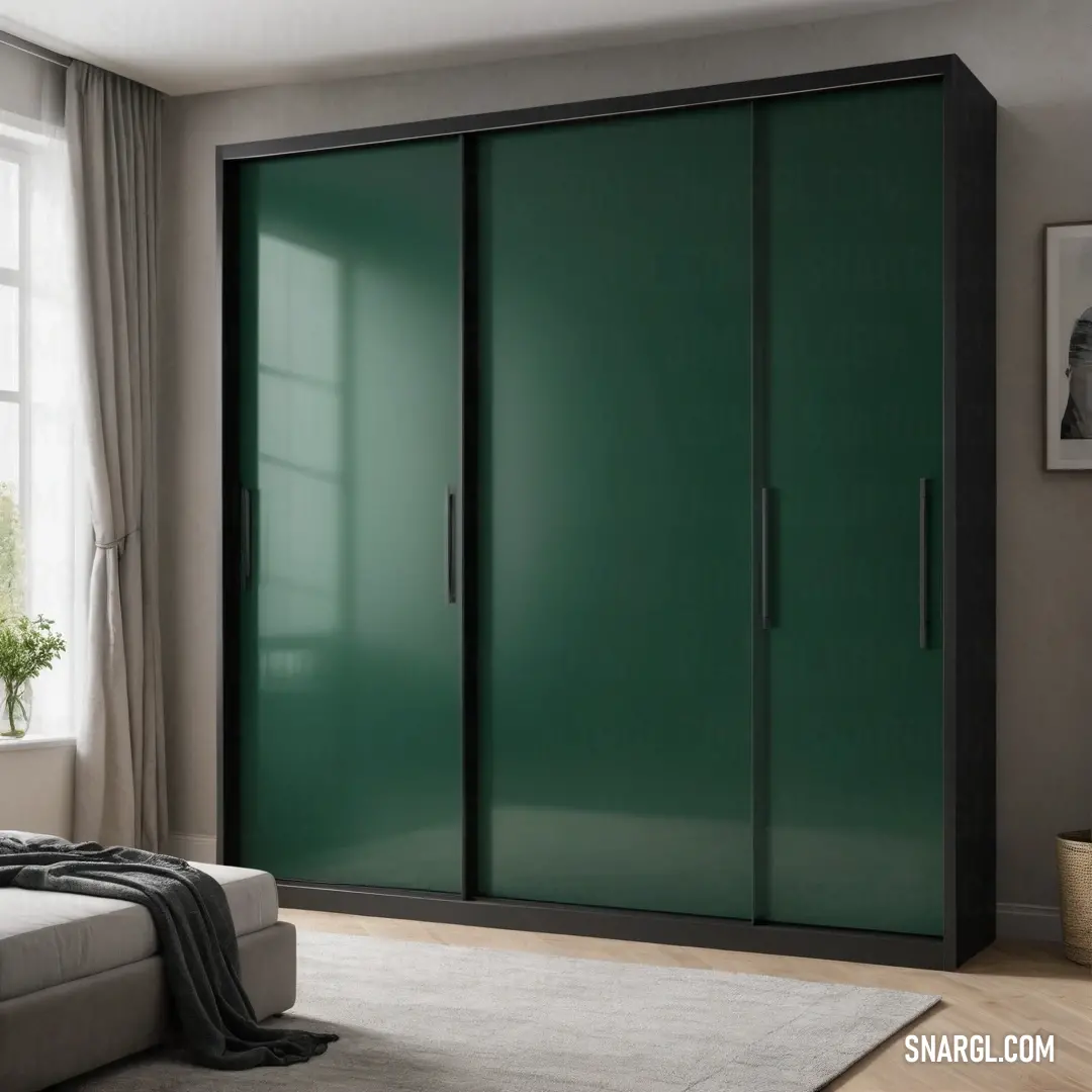 A cozy bedroom featuring a vibrant green closet and a pristine white bed, complemented by a sunny window in the background that invites natural light and warmth into the space.