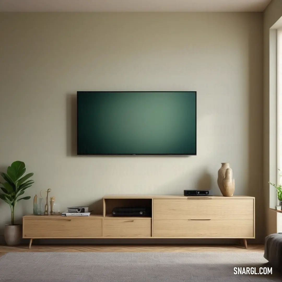 A contemporary living room showcasing a flat screen TV mounted above a stylish wooden cabinet, with greenery in the corner. The color palette represented by CMYK 91,14,78,60 gives a sense of modern comfort and style.