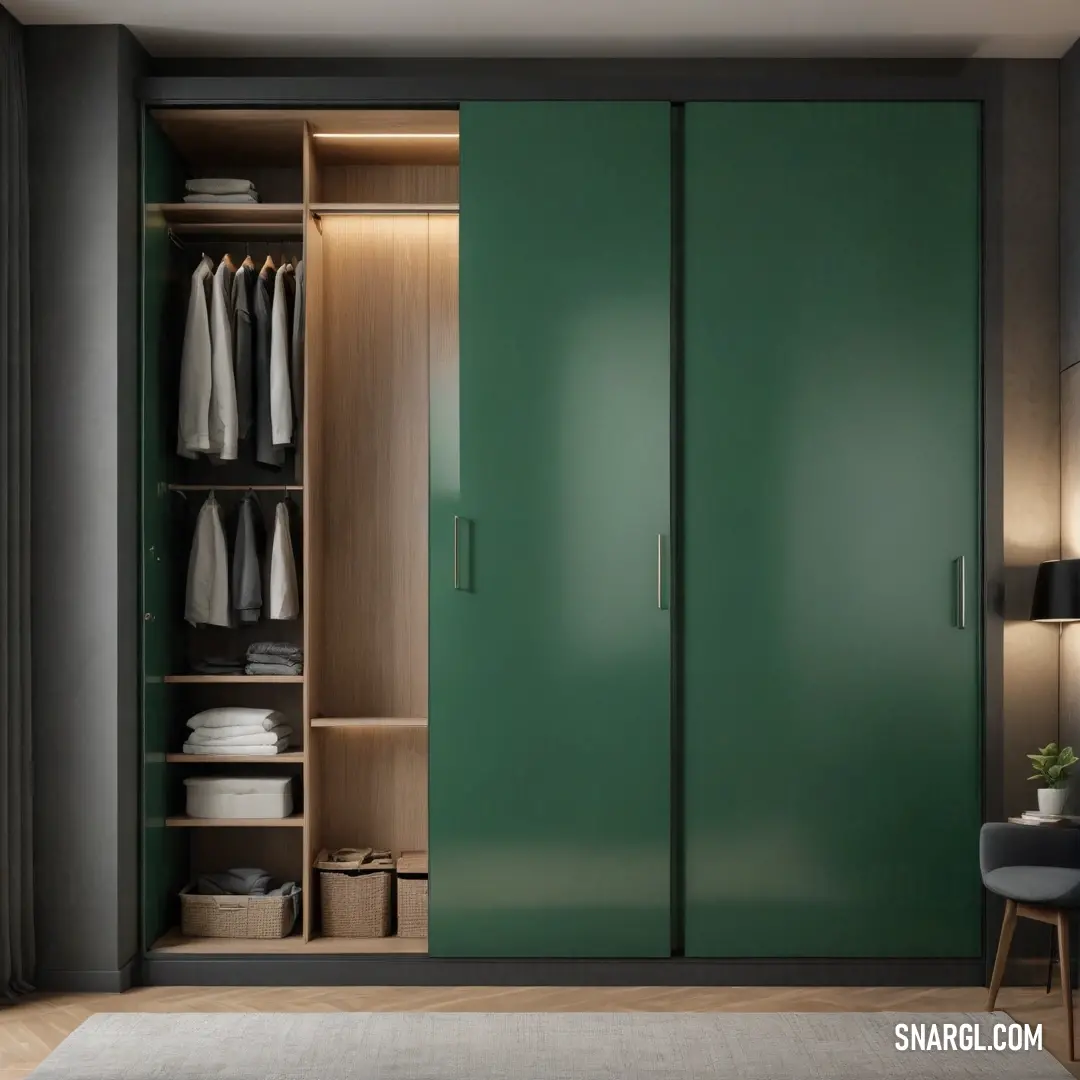 A dew green closet illuminated by natural light features a plush white rug and a cozy chair with a stylish lamp at its side, creating a warm and inviting atmosphere that highlights the beauty of thoughtful design in a livable environment.