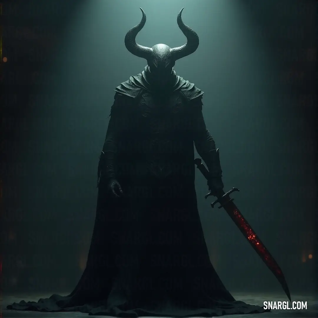 A man clad in a horned costume stands boldly in a dimly lit room, gripping a knife with confidence. The vibrant lights on the floor add an otherworldly touch, highlighting the costume's intricate design and the atmosphere of suspense.