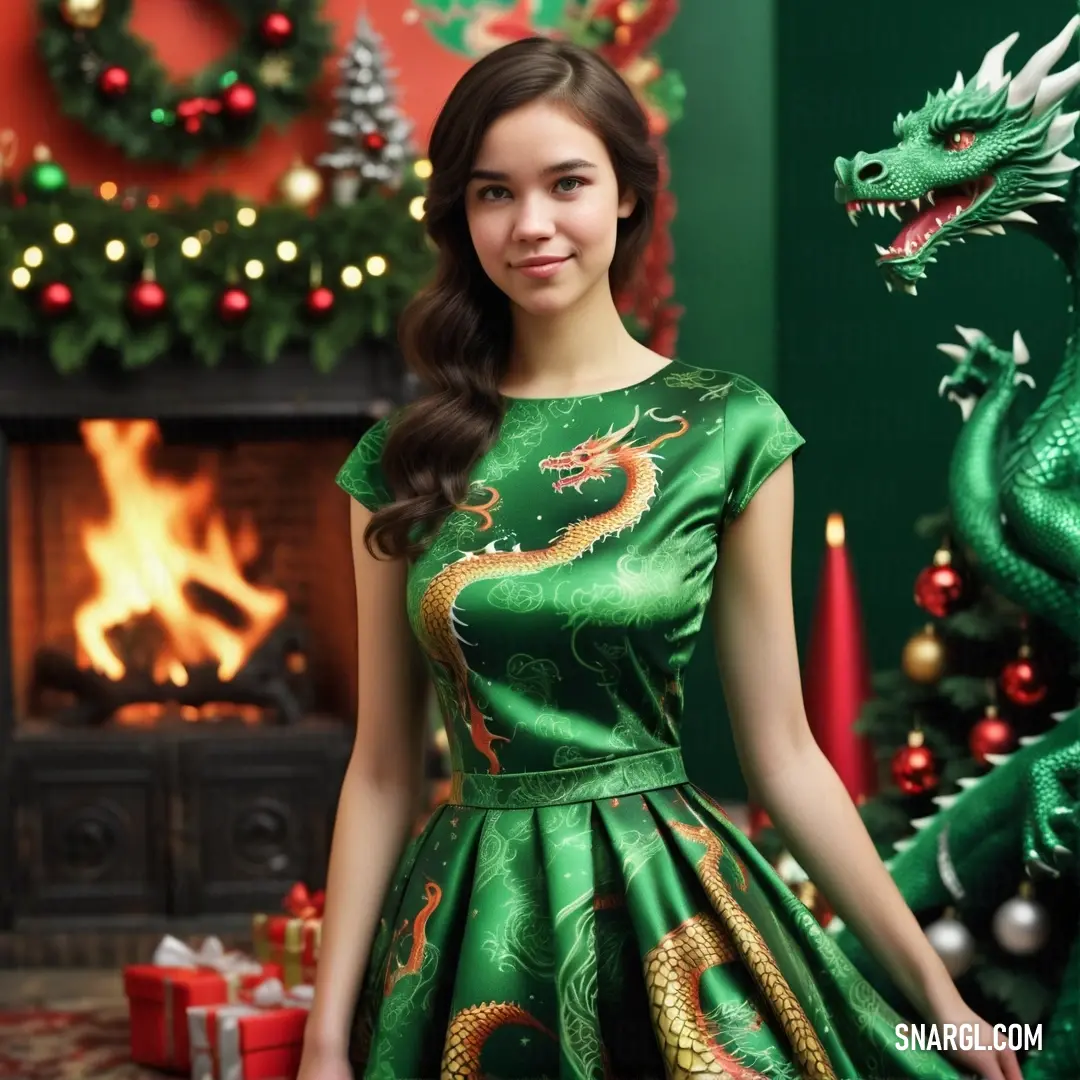 PANTONE 7484 color. Woman in a green dress standing next to a christmas tree and a fire place with a dragon on it