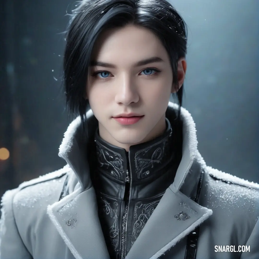 A woman with sleek black hair poses gracefully in a dimly lit room, adorned in an elegant coat, as soft lights cast a warm glow around her.