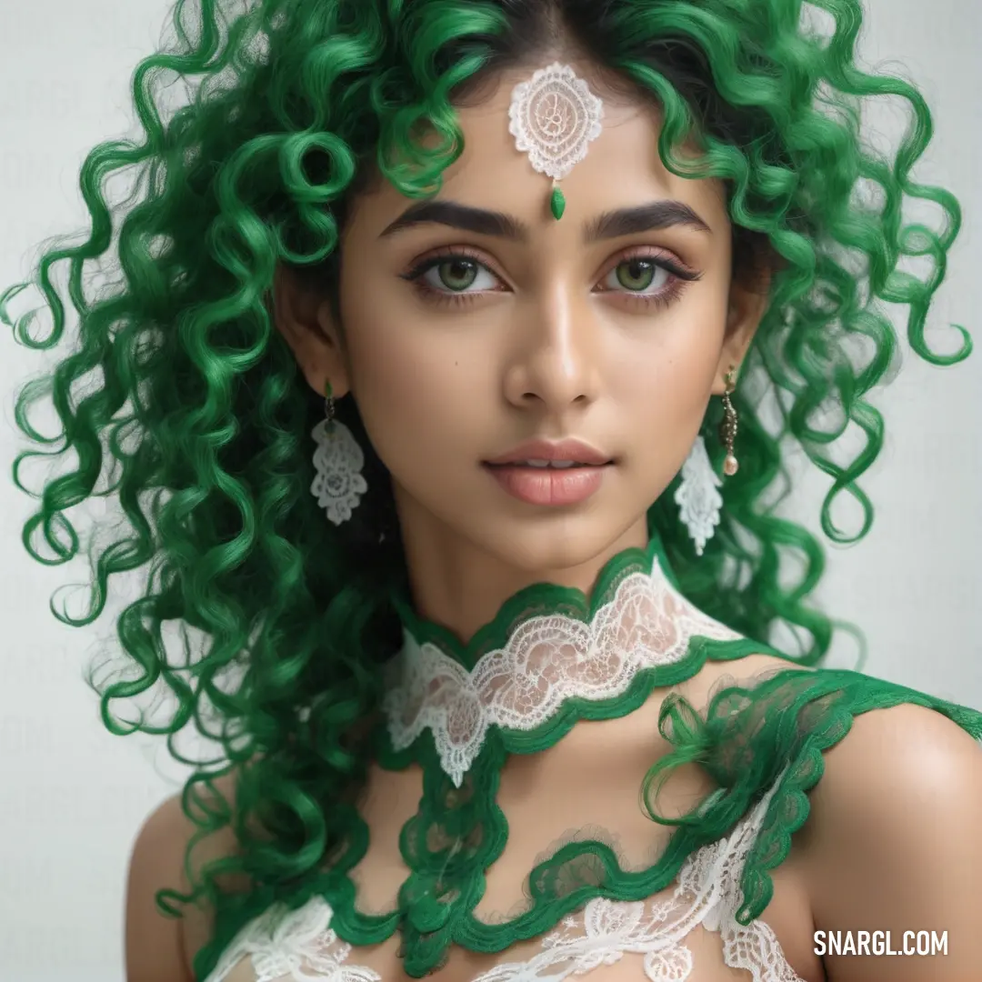 Woman with green hair and a white dress with lace on it's neck. Color PANTONE 7484.