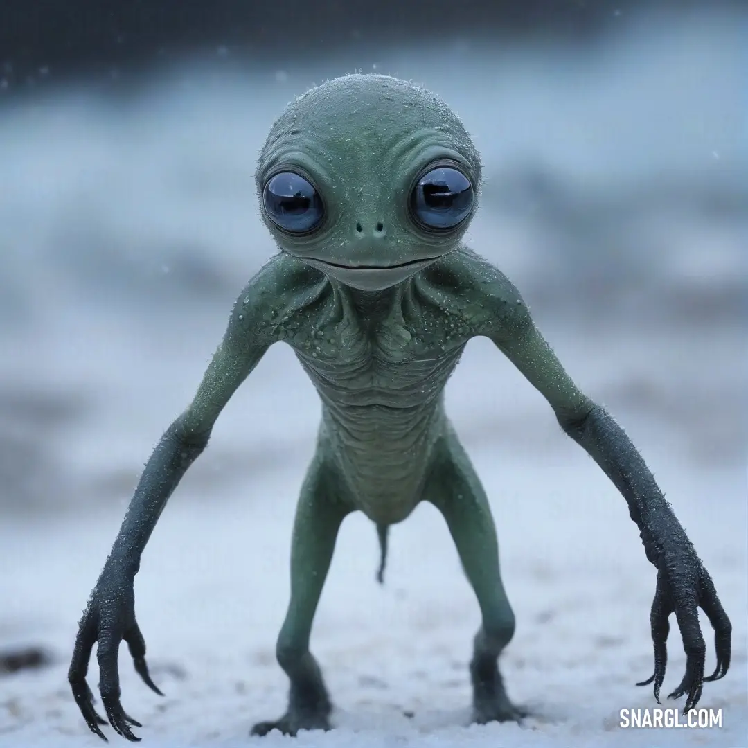 A small, vibrant green alien with oversized eyes triumphantly stands in the snow, hands braced on its hips. Its wide-eyed expression conveys both curiosity and confidence in the snowy landscape.