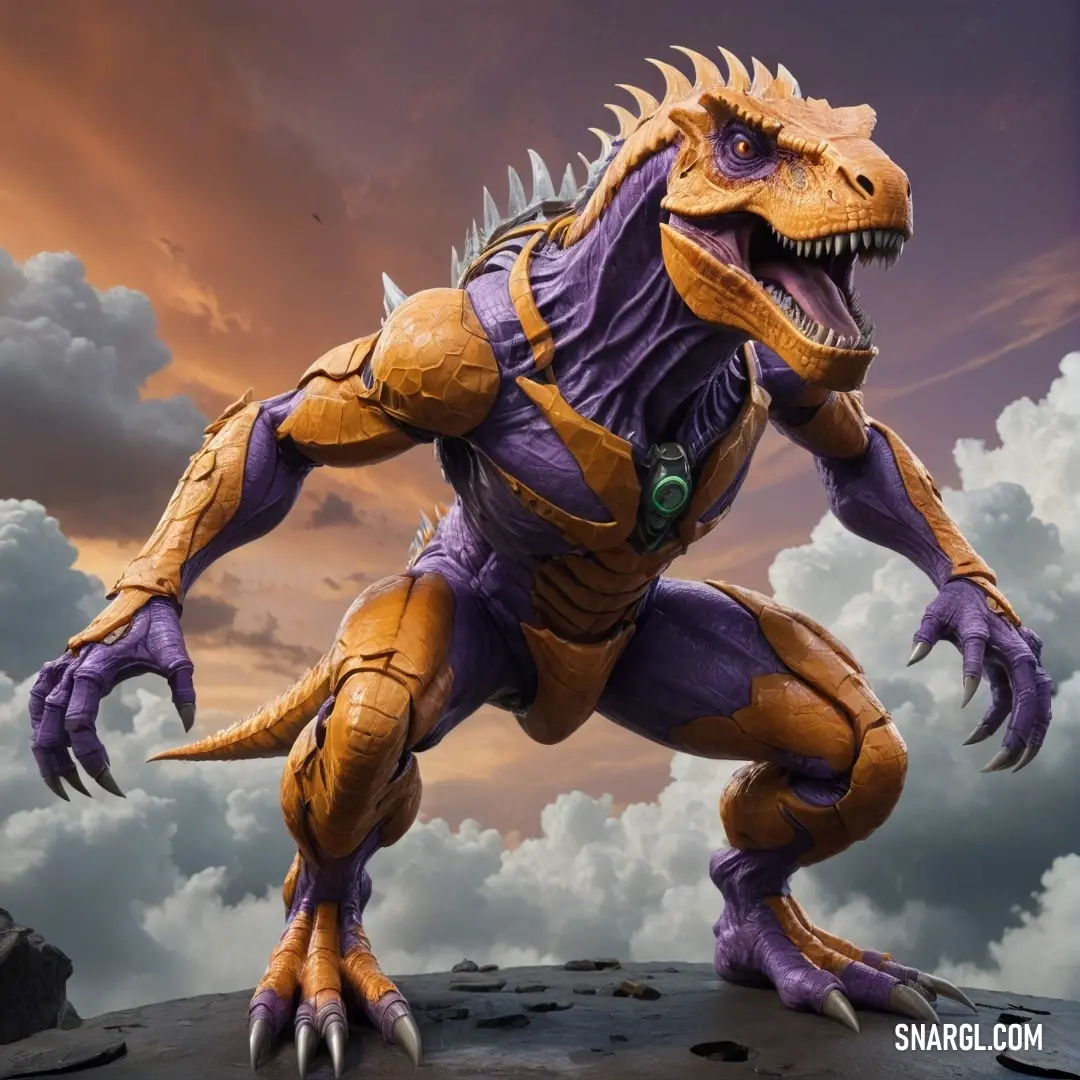 A vibrant toy Godzilla strikes a dynamic pose on a rugged rock, set against a backdrop of cotton-like clouds stretching across a bright blue sky, igniting the imagination of children and adults alike.