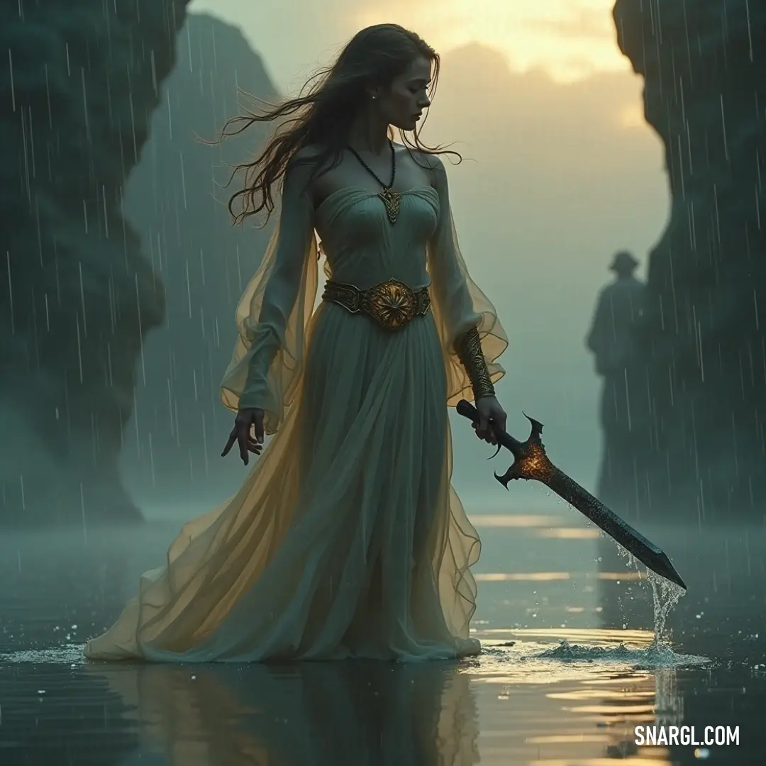 A powerful image of a woman clad in a flowing dress, brandishing a sword against the backdrop of a mountain shrouded in rain. The vibrant colors of the scene resonate with the PANTONE 7484 color palette, conjuring a sense of adventure.