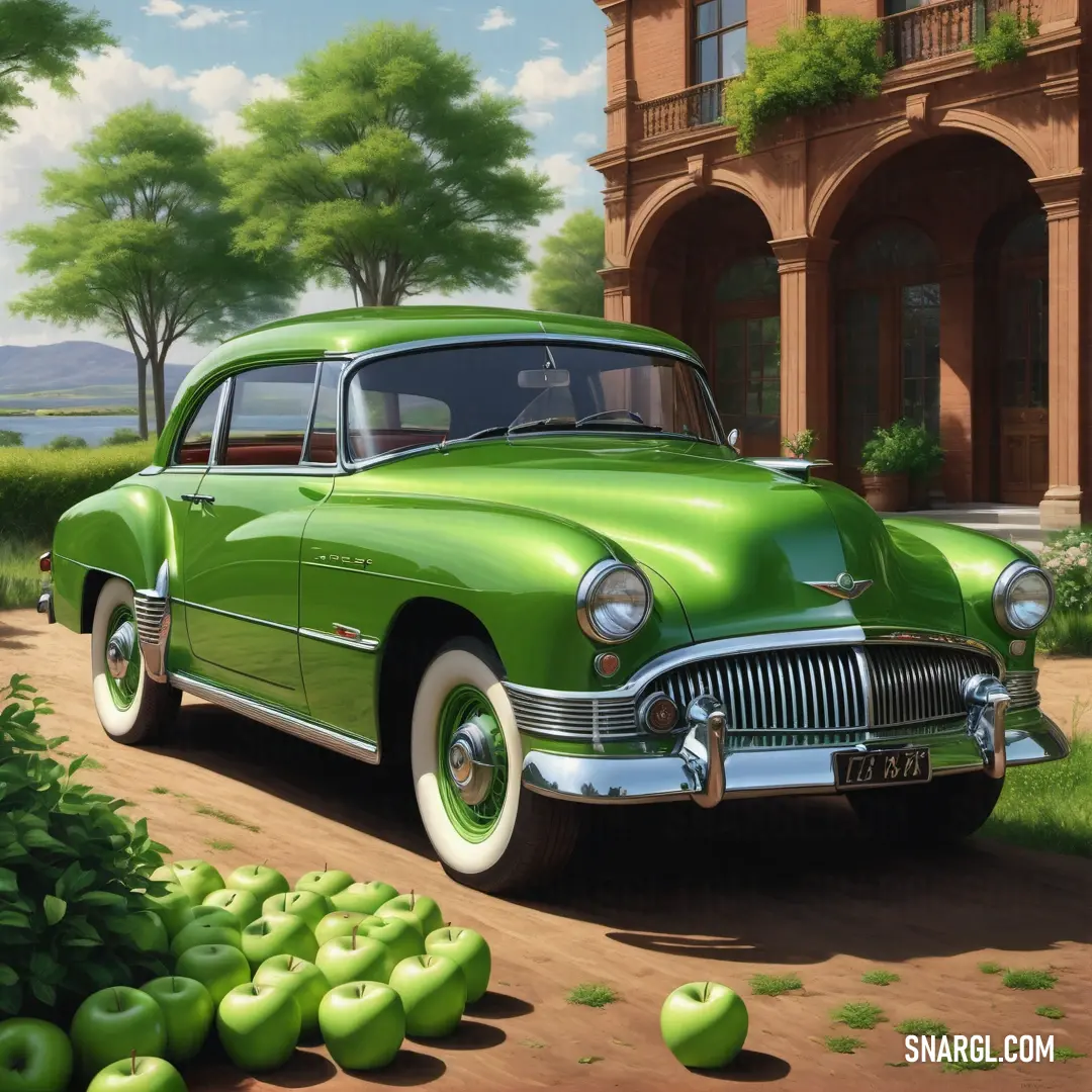 Painting of a green car parked on a dirt road next to a house and trees. Color RGB 196,216,153.