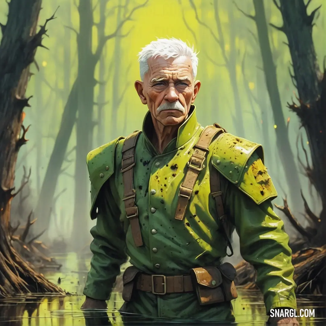 Painting of a man in a green uniform in a swampy area with trees and water in the background. Example of PANTONE 7486 color.