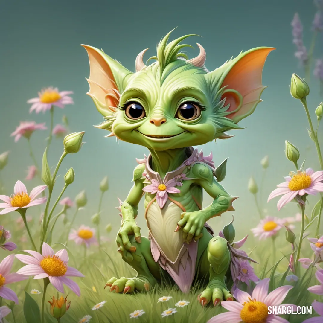 Cartoon character in a field of flowers with a green face and ears. Example of CMYK 28,0,45,0 color.