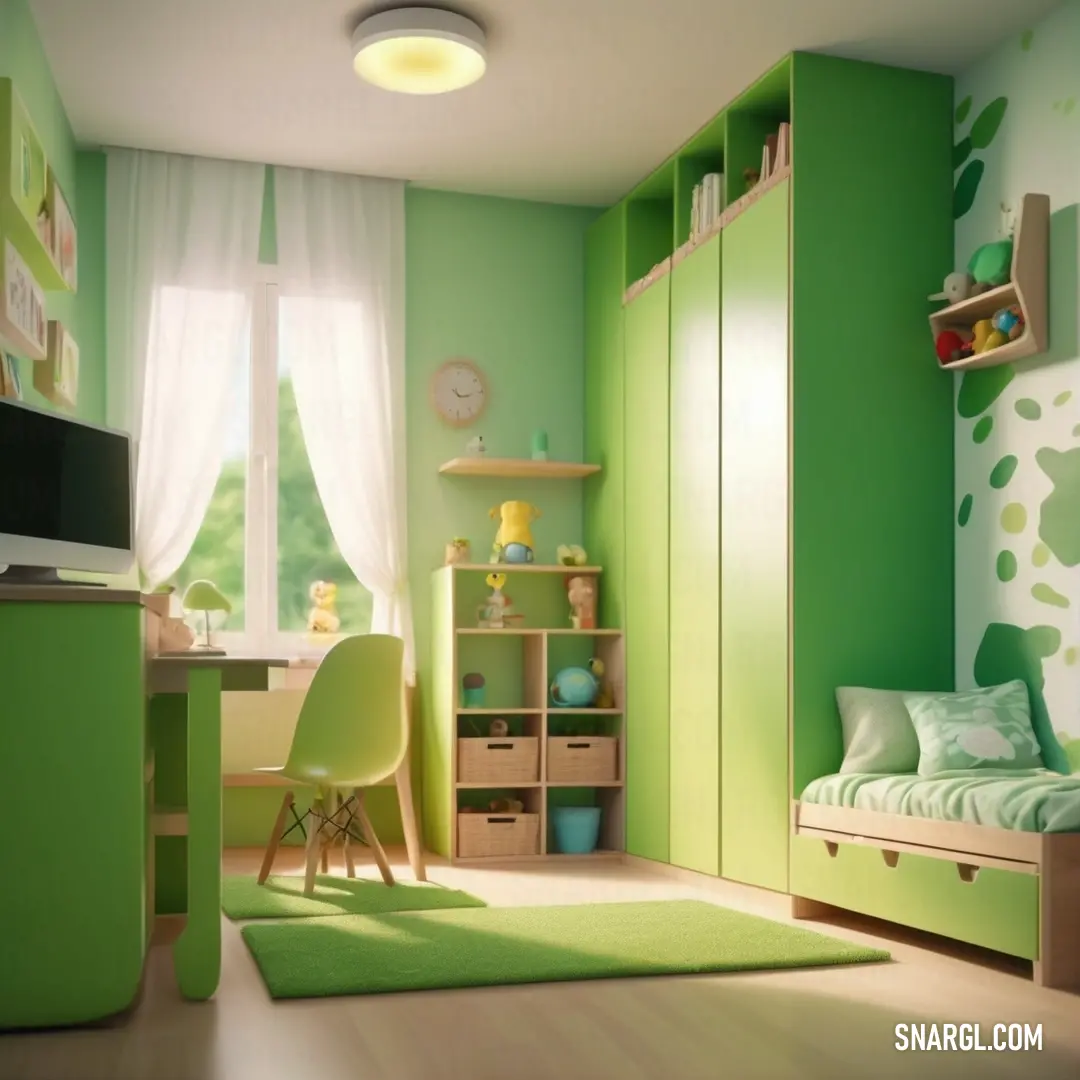 Room with a desk, chair and bed in it and a green wall and floor with a window. Example of RGB 196,216,153 color.