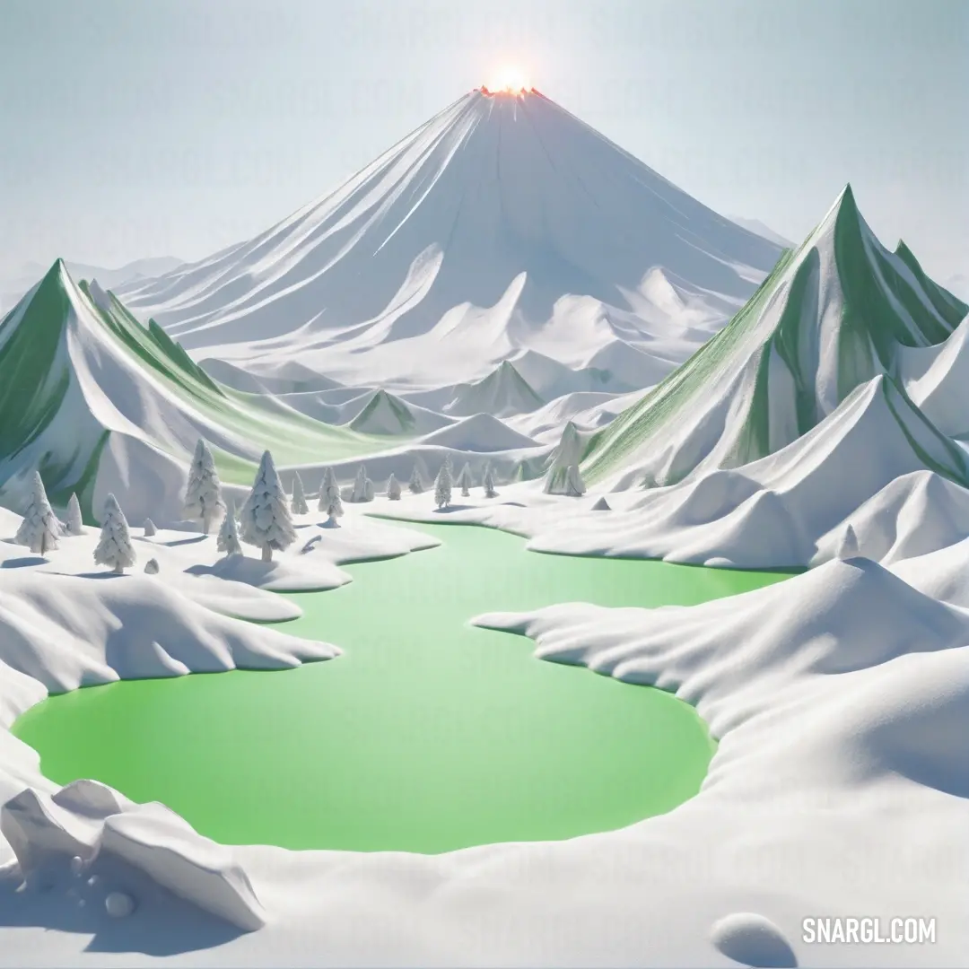 Computer generated image of a snow covered mountain and lake with a sun in the background. Color CMYK 42,0,62,0.