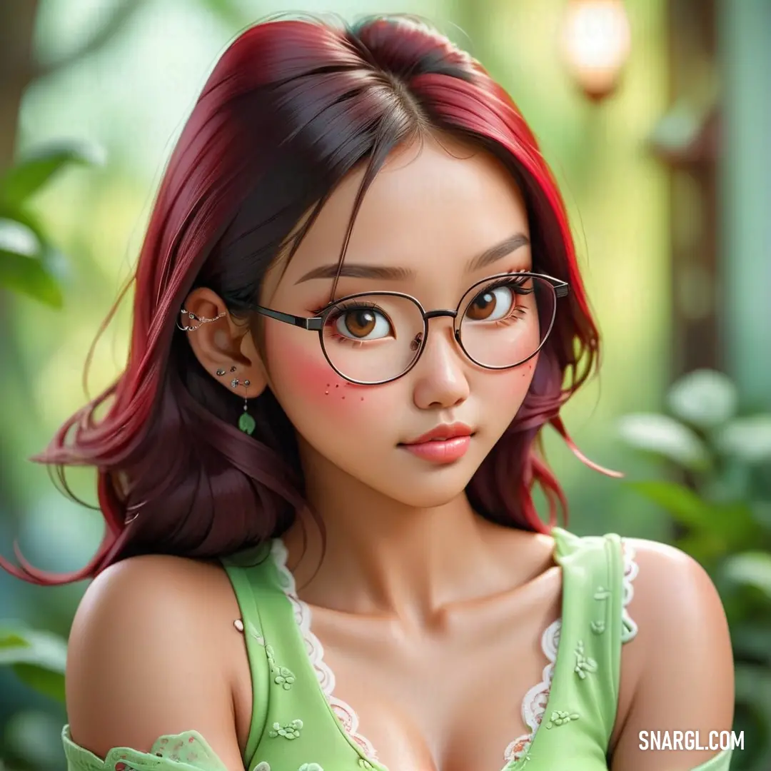Girl with glasses and a green dress is posing for a picture in a green dress. Color #A9CB77.