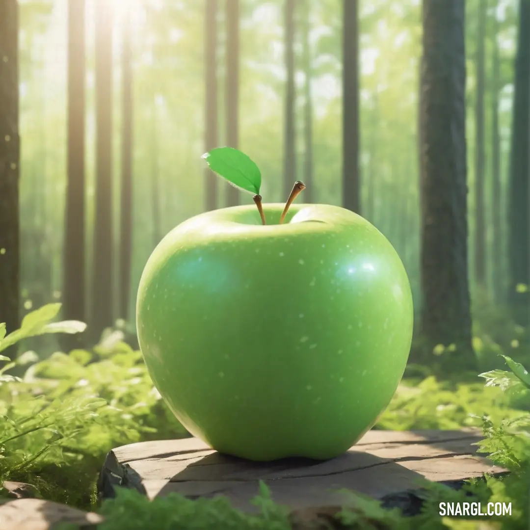 Green apple on top of a wooden table in a forest. Example of PANTONE 7487 color.