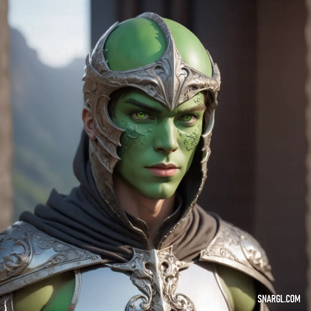 Man in a green and silver costume with a helmet and green eyes and a green nose. Example of #A9CB77 color.
