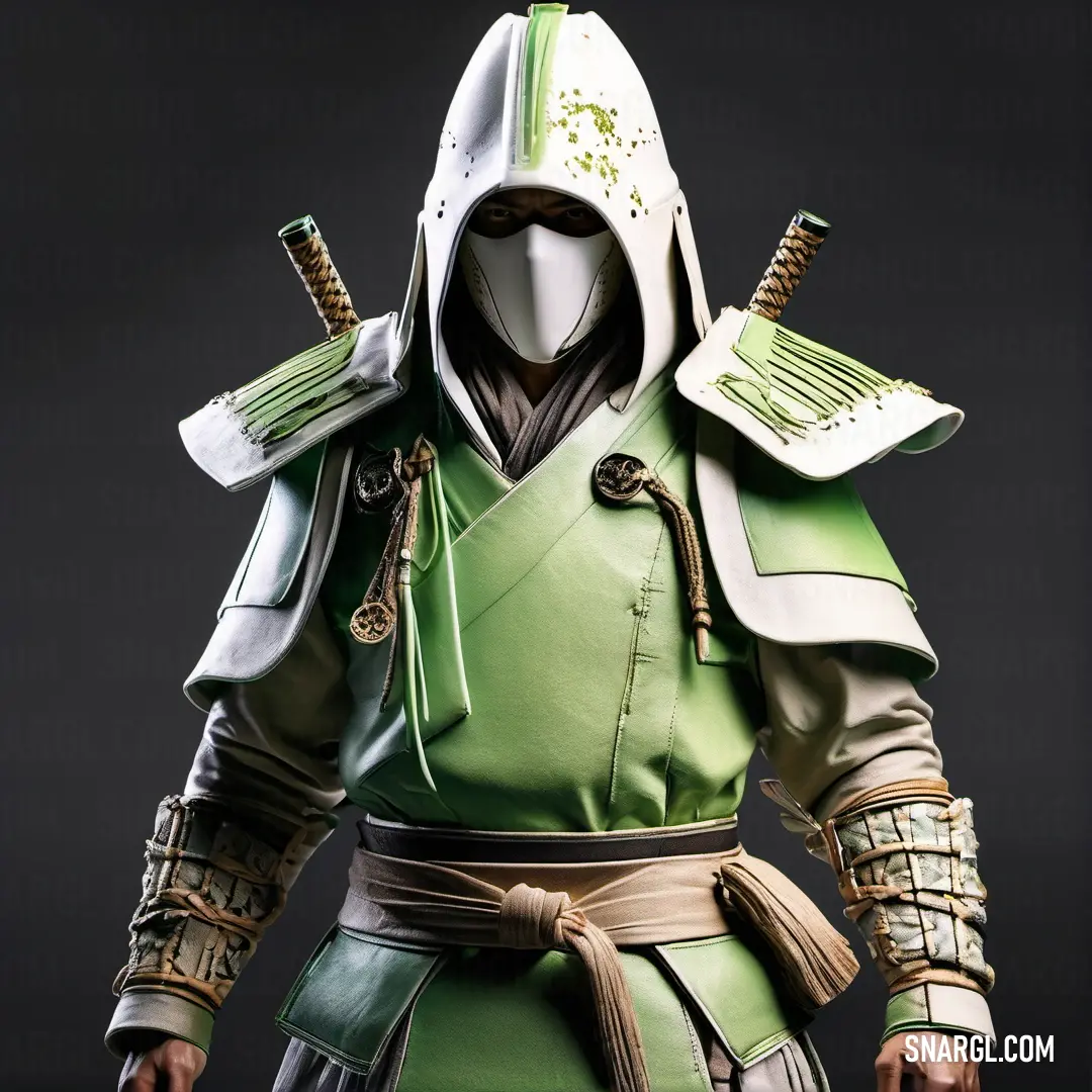 Man in a green outfit with two swords in his hands and a hood on his head and a green jacket. Example of PANTONE 7487 color.