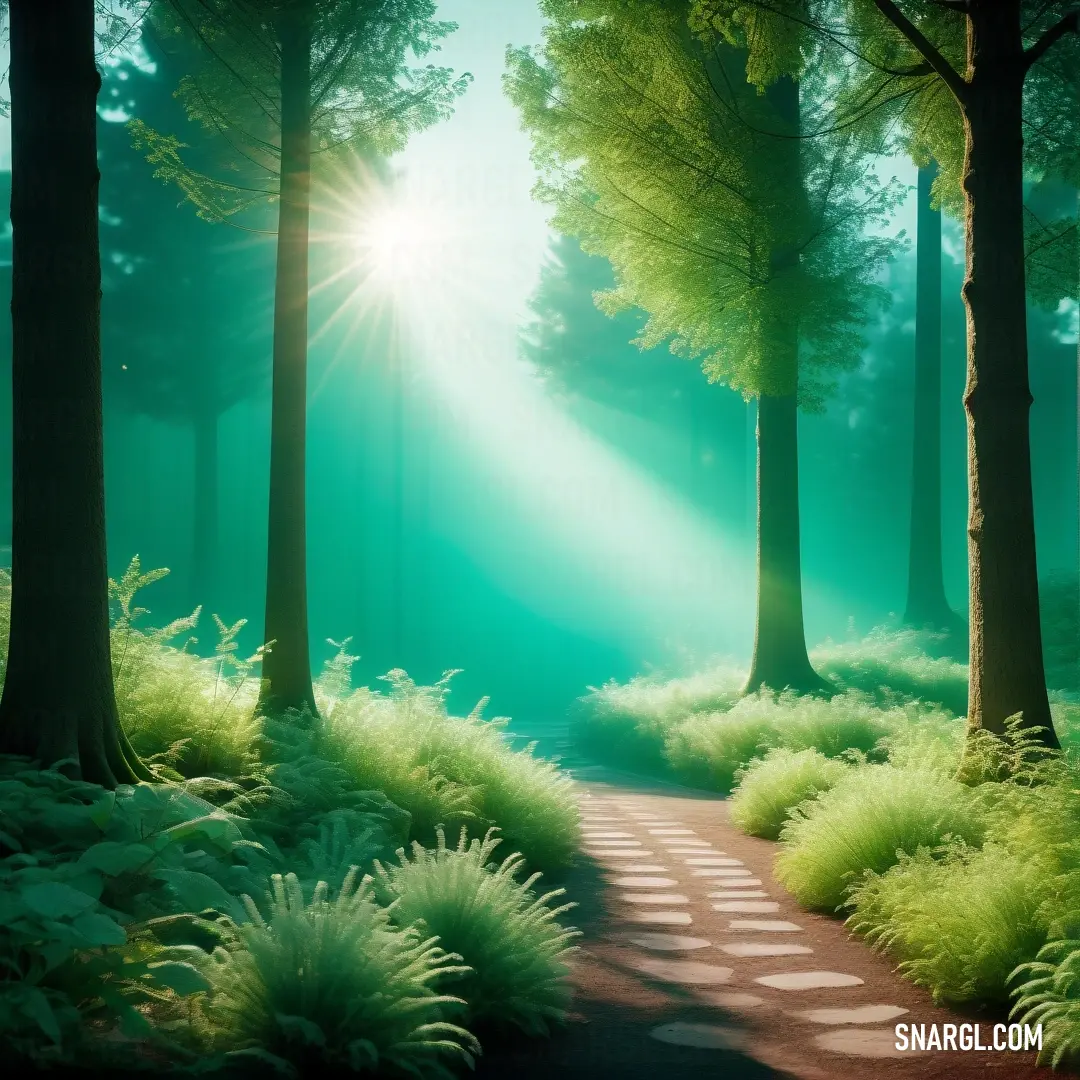 Path through a forest with a bright light coming through the trees and grass on the ground and a path leading to the light