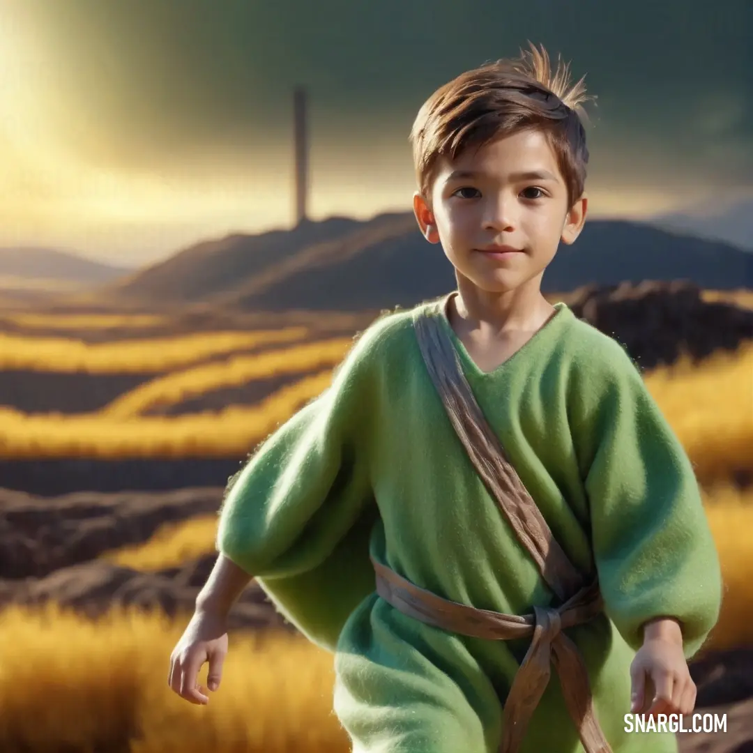 PANTONE 7487 color example: Young boy dressed in a green robe and a brown belt is standing in a field of yellow grass
