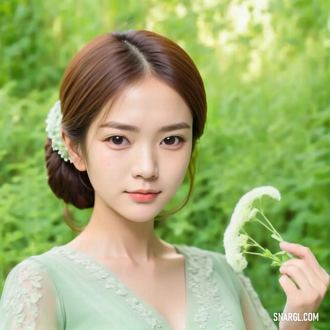 Woman in a green dress holding a flower in her hand and looking at the camera with a serious look on her face. Color RGB 146,191,85.