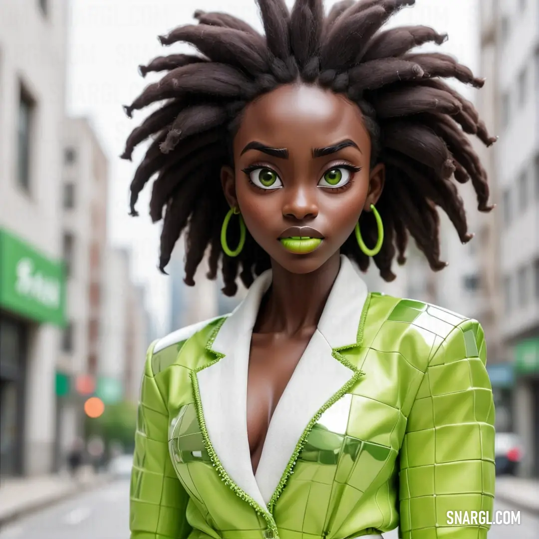 PANTONE 7488 color example: Woman with dreadlocks and green dress on a street corner with buildings in the background