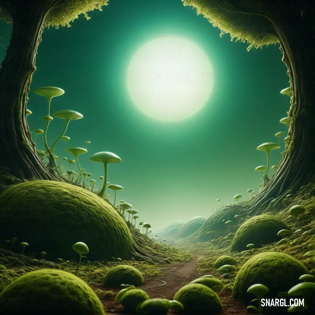 Green forest with mushrooms and a bright sun in the background. Color PANTONE 7489.