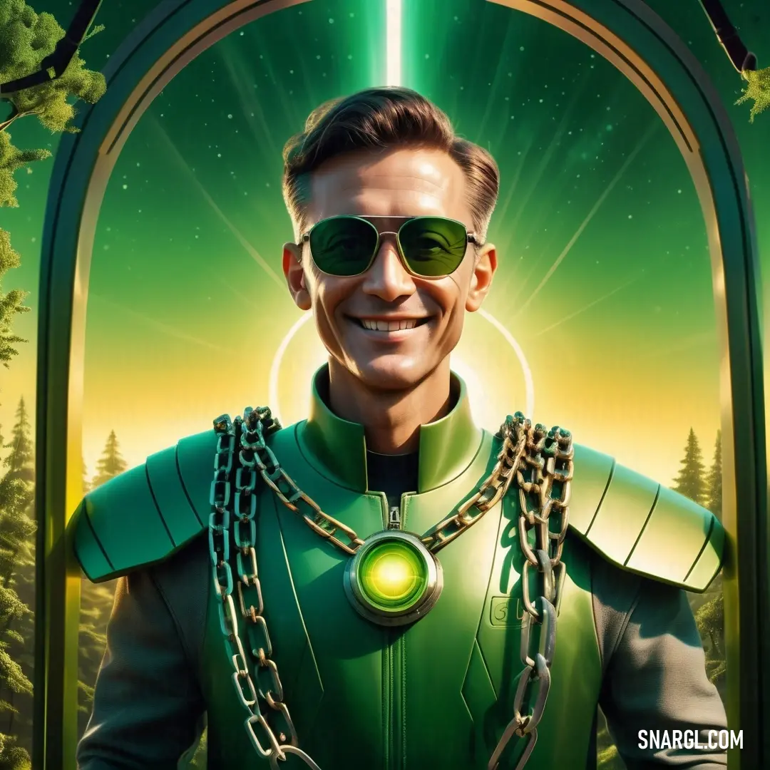 Man in a green suit and sunglasses with a green light shining through his eyes and a chain around his neck. Color RGB 127,175,92.