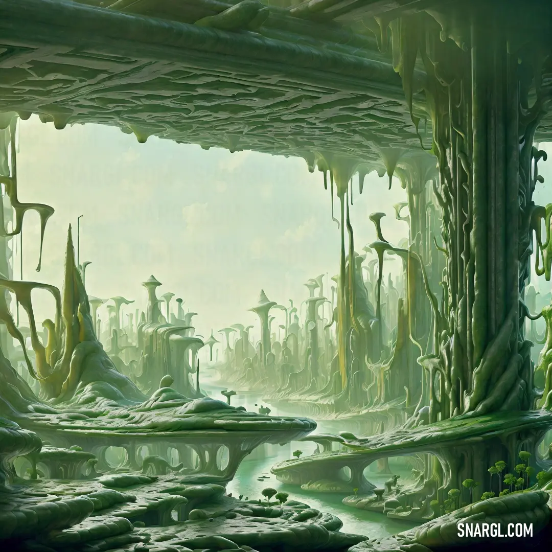 Painting of a swampy area with trees and plants on the ground and a bridge in the middle. Color CMYK 56,2,78,5.