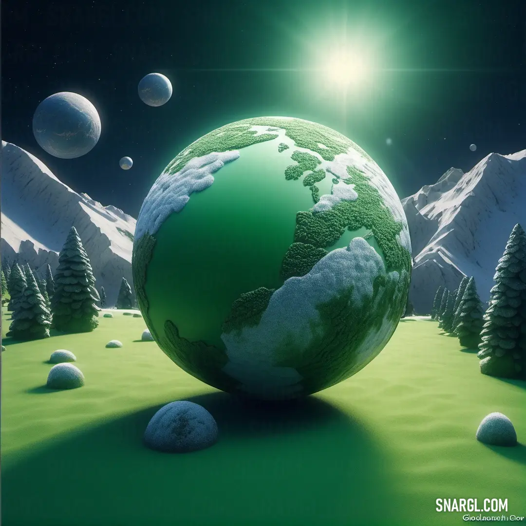 Green earth with snow and trees in the background. Color RGB 127,175,92.
