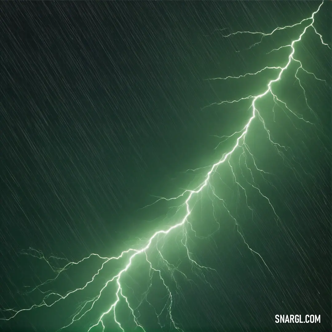 Green lightning bolt is shown in the dark sky above a field of grass and trees in the rain. Example of CMYK 56,2,78,5 color.