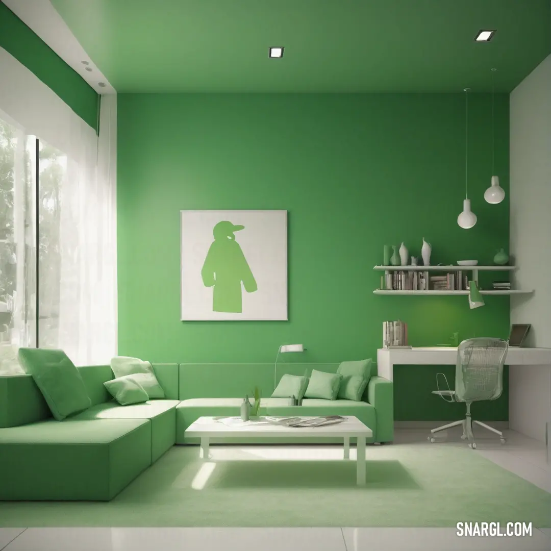 Living room with a green wall and a white table and chair and a green couch. Color #7FAF5C.