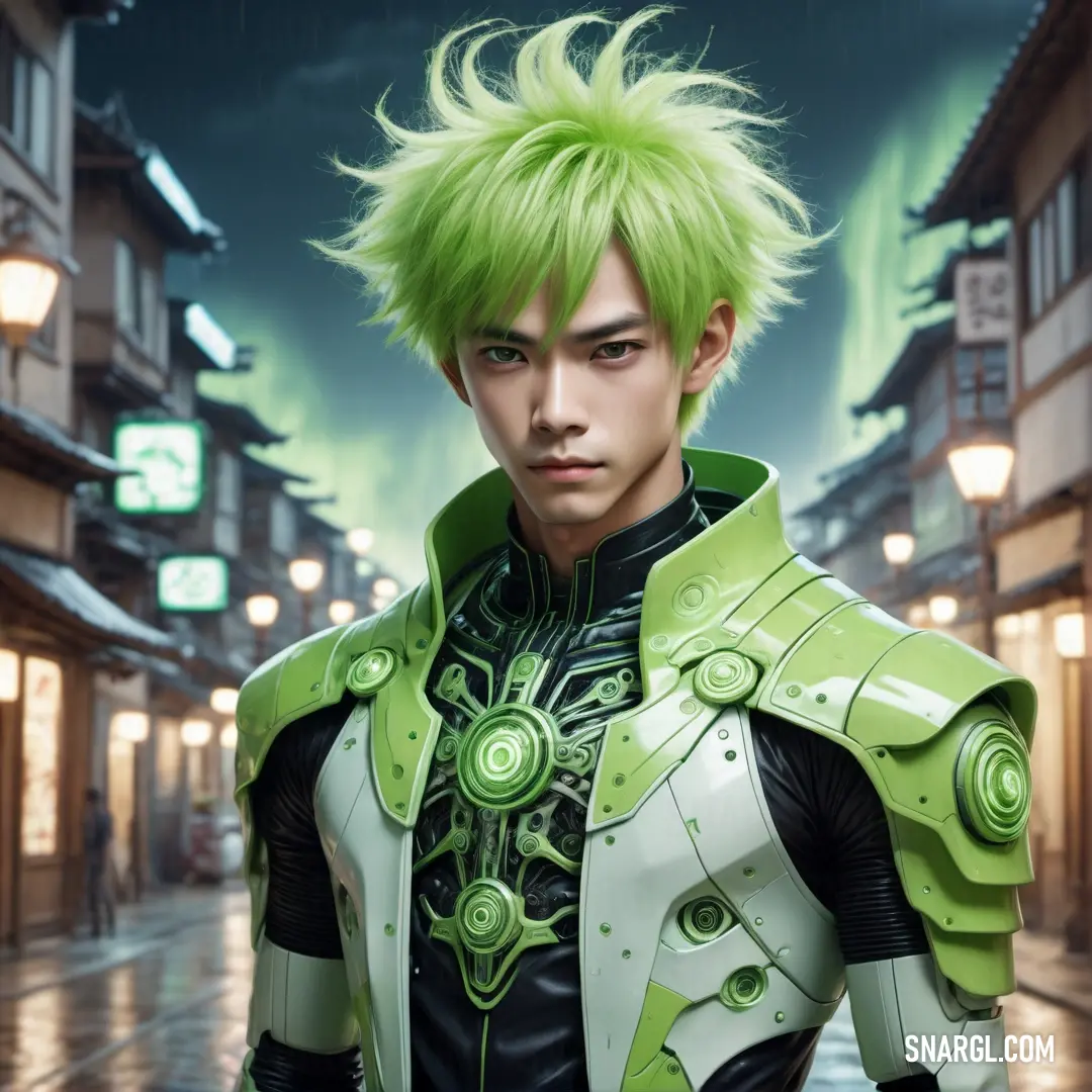 Man with green hair and a green outfit on a street with buildings in the background. Color CMYK 56,2,78,5.