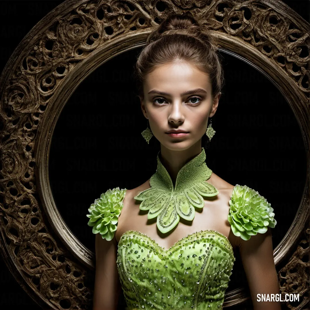 PANTONE 7489 color example: Woman in a green dress with a green necklace and earrings on her neck and a circular mirror behind her