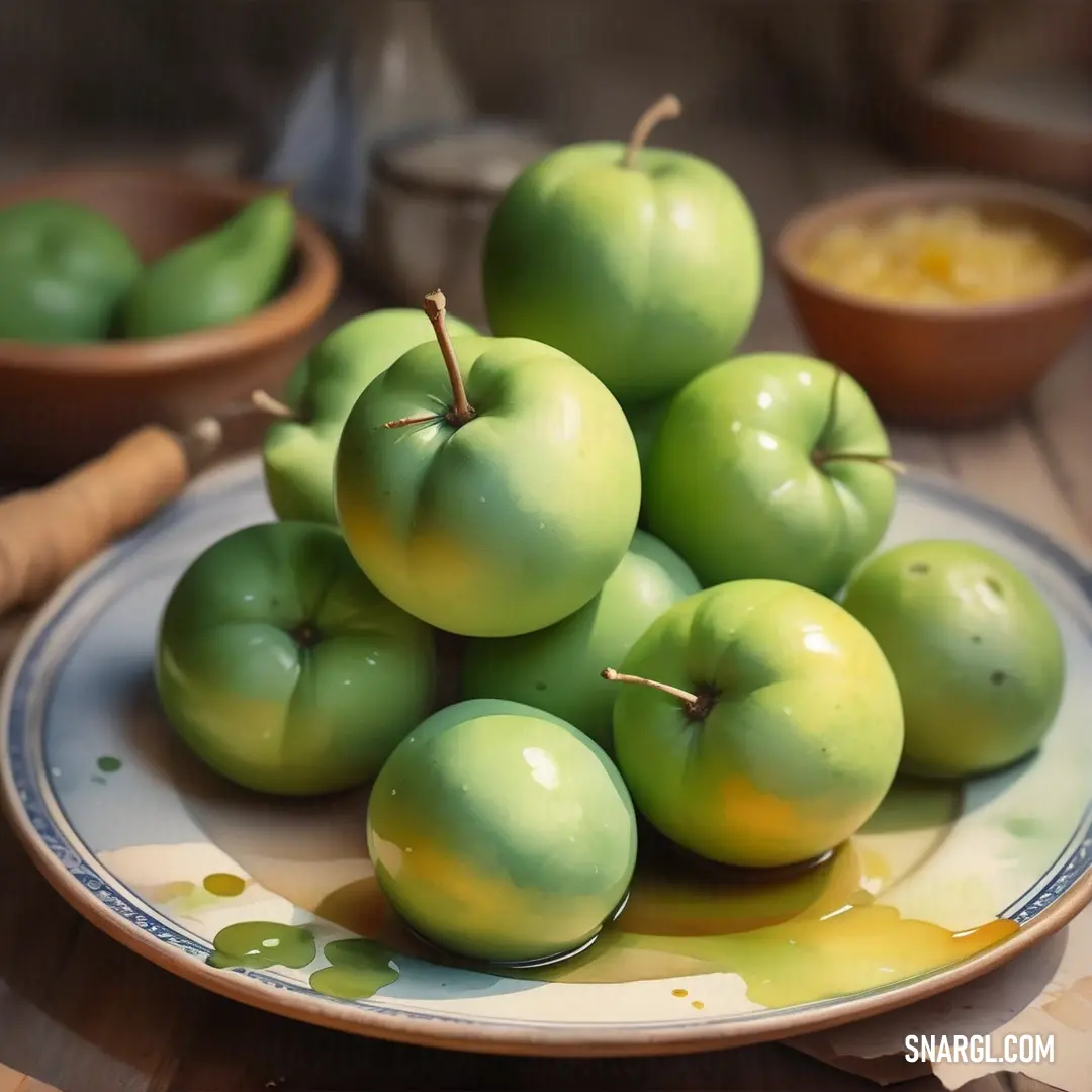 Plate of green apples on a table with other bowls of food in the background. Color #7FAF5C.