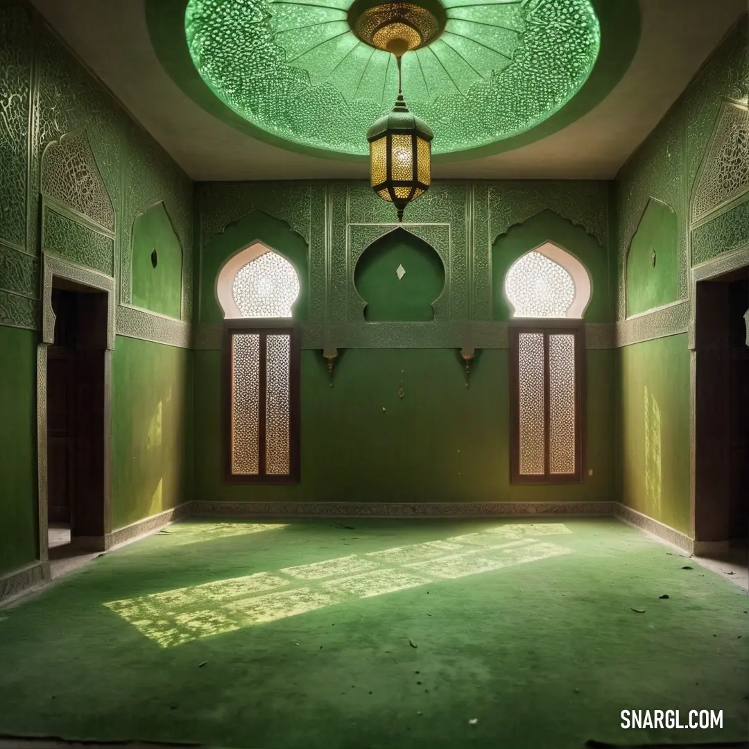 Room with a green ceiling and a green light fixture hanging from the ceiling and a green wall with two windows