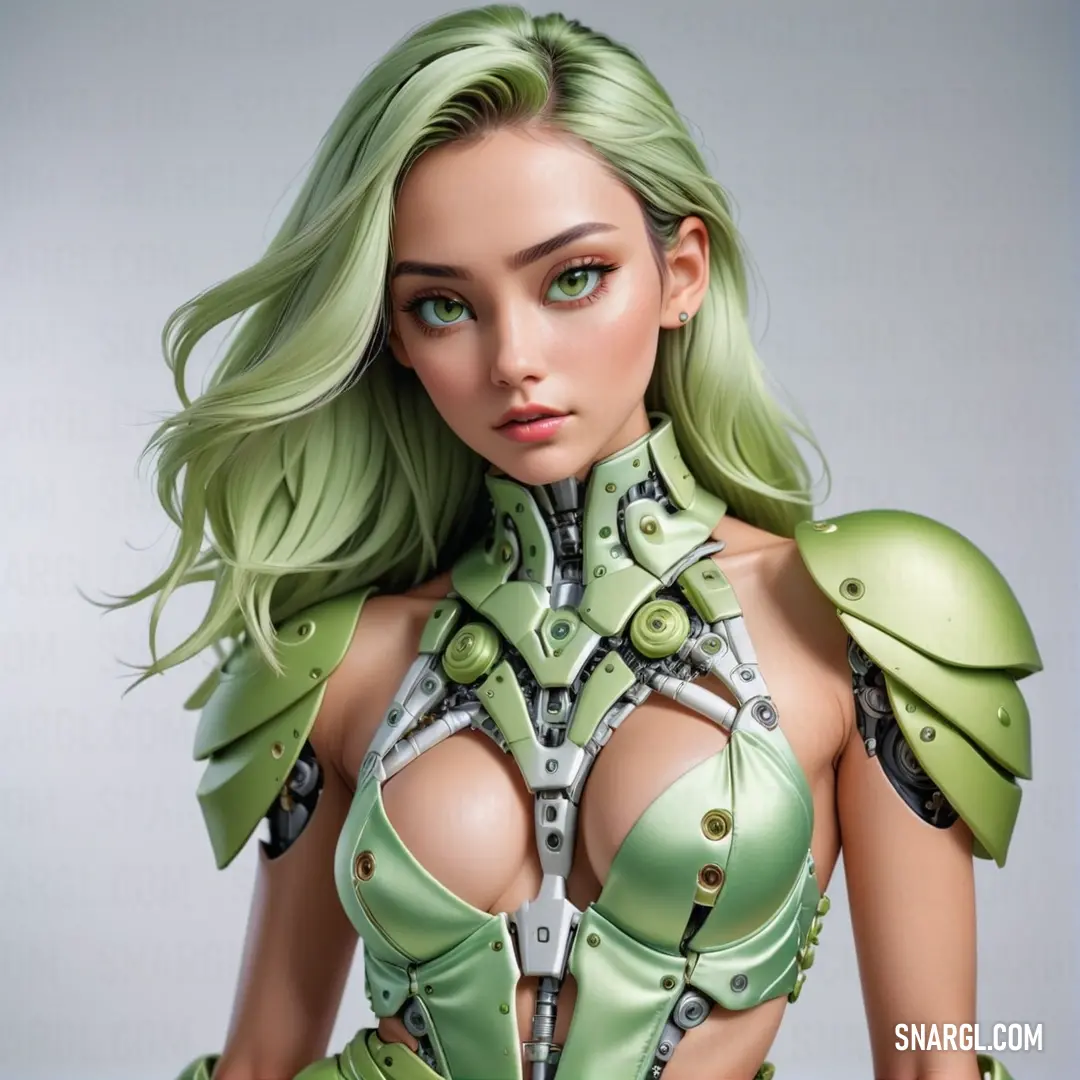 Woman with green hair and a green outfit with metal armor on her chest. Color RGB 127,175,92.