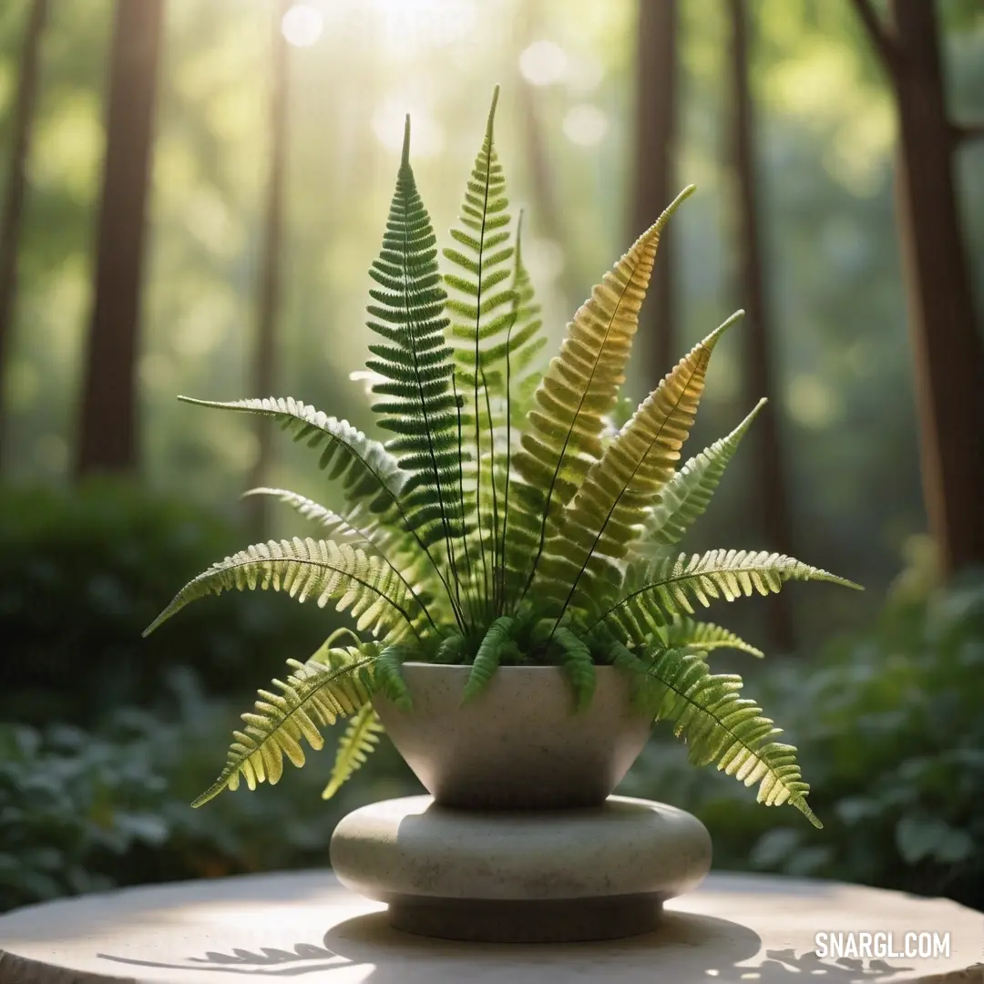 Plant in a pot on a table in a forest setting with sunlight shining through the trees behind it. Example of CMYK 47,11,92,39 color.