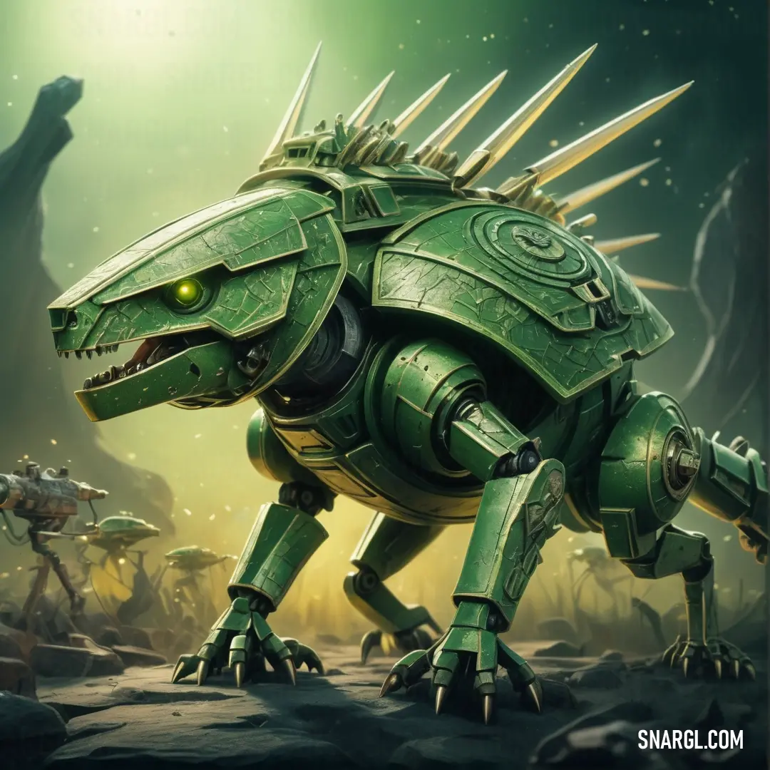 #D2D692 color. Green robot dog with spikes on its head and legs