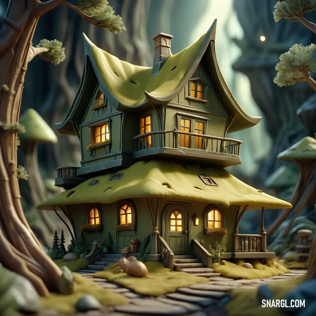 House in the woods with a lot of trees around it and a lot of lights on the windows. Color RGB 210,214,146.