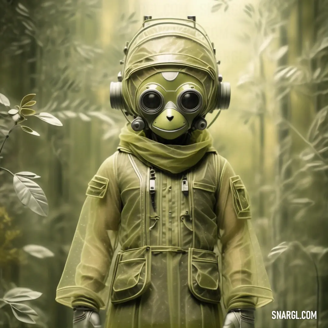 Person in a space suit and headphones standing in a forest with plants and leaves in the background. Example of #D2D692 color.