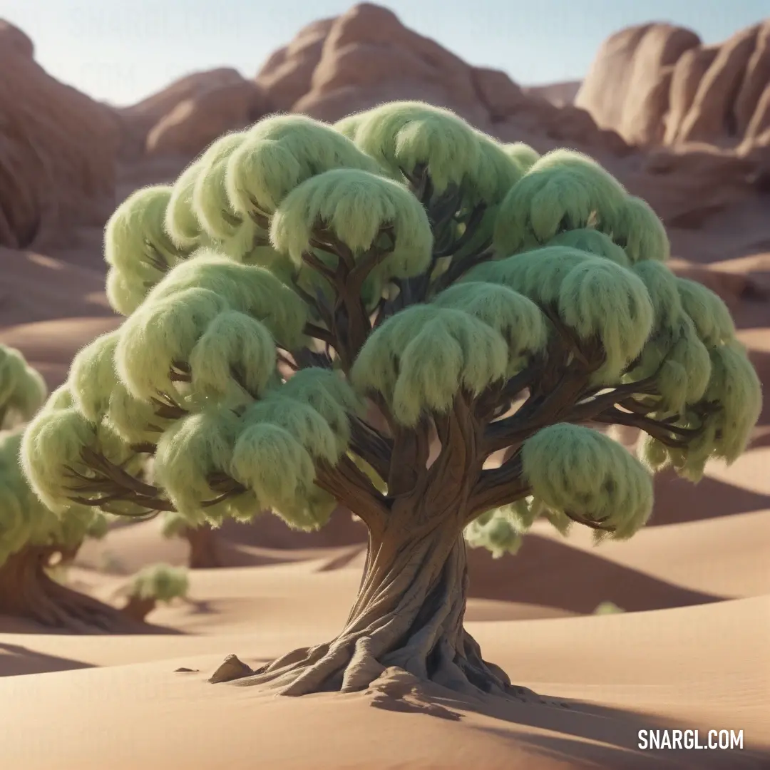 Tree in the middle of a desert with mountains in the background. Example of #C2CA95 color.