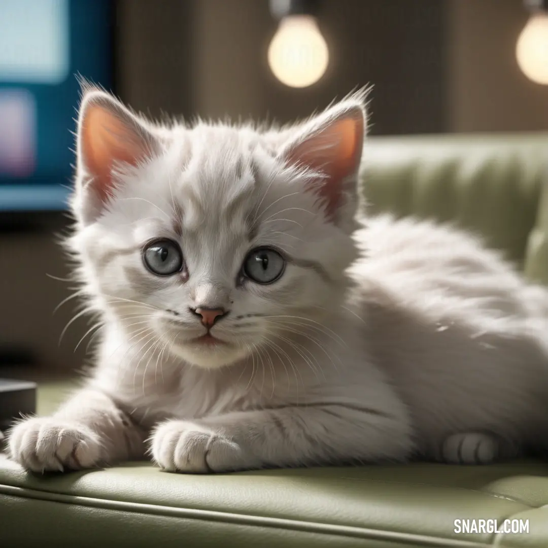White kitten with blue eyes laying on a green chair with a remote control in front of it and a television in the background
