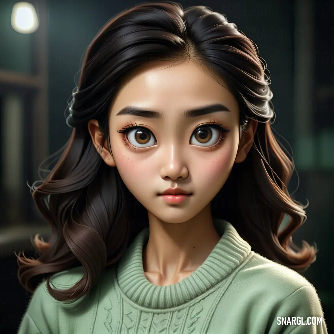 Digital painting of a girl with long hair and a green sweater on. Example of CMYK 35,5,42,14 color.
