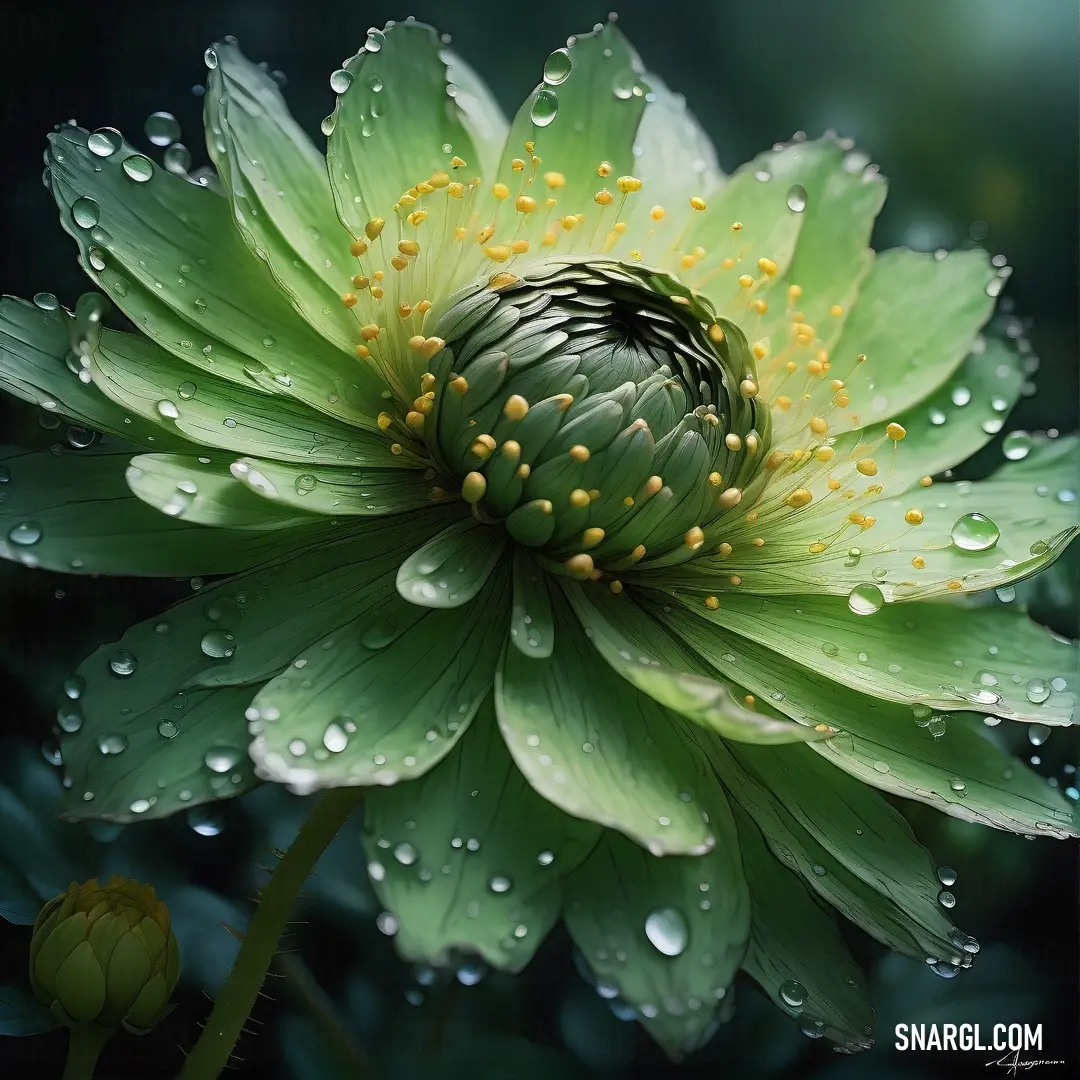 PANTONE 7494 color example: Large green flower with water droplets on it's petals and leaves around it's center