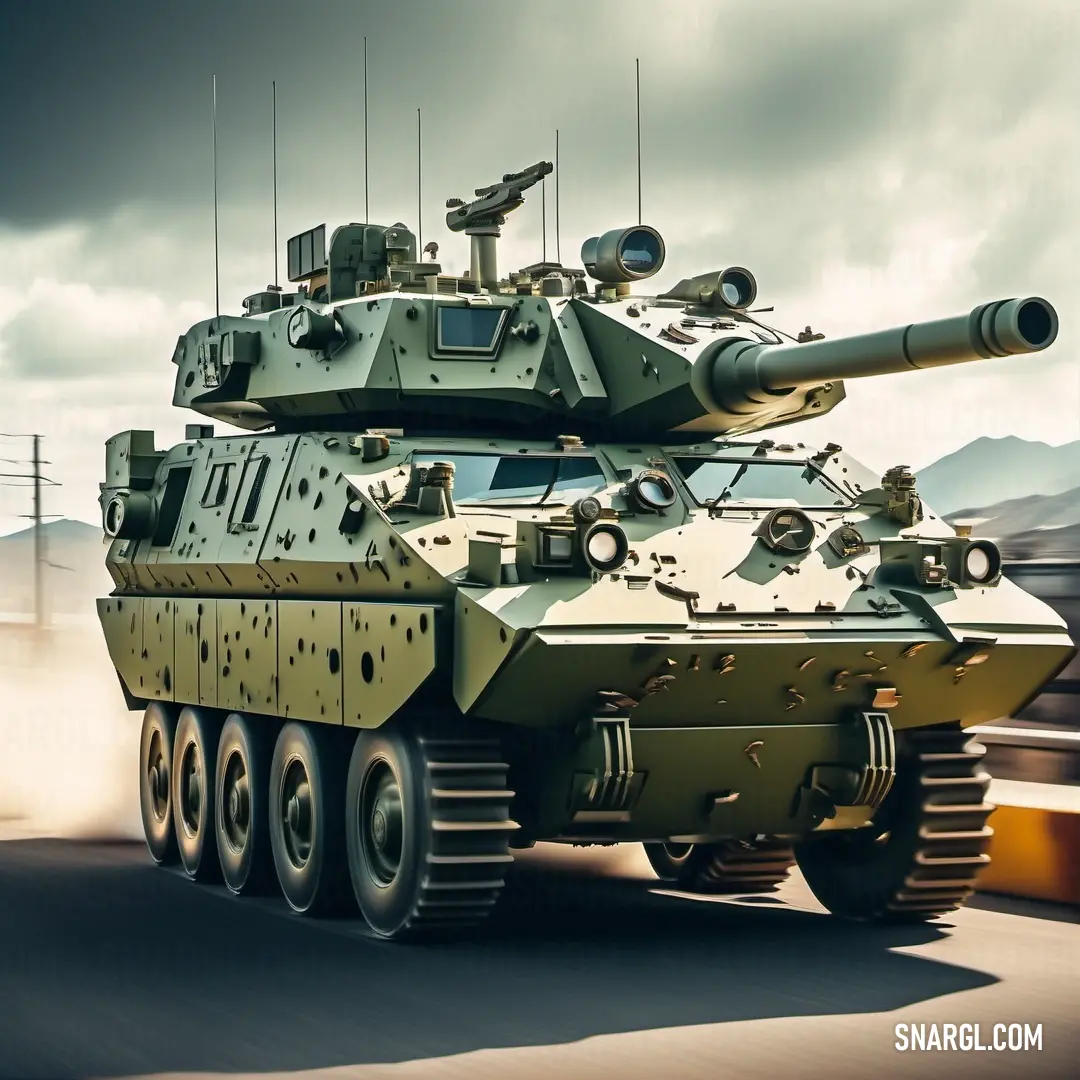 Military tank driving down a road with mountains in the background. Color #A3B48D.