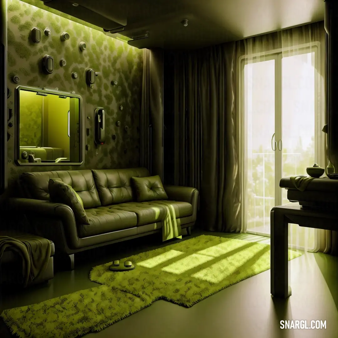 Living room with a couch and a table in it and a large window with a view of the city. Example of RGB 120,137,32 color.