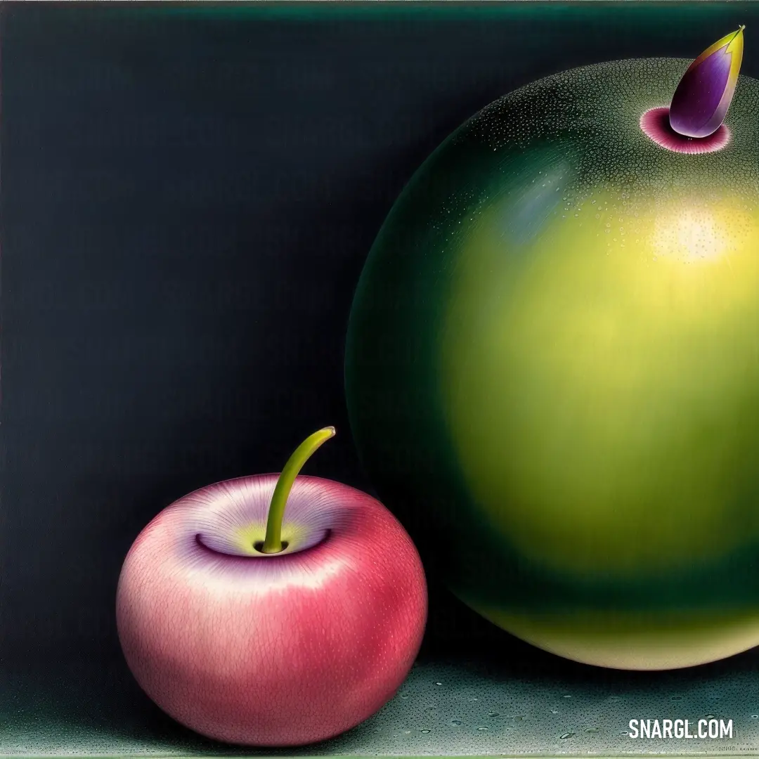 Painting of a green apple and a pink apple on a table top. Color CMYK 46,6,100,42.