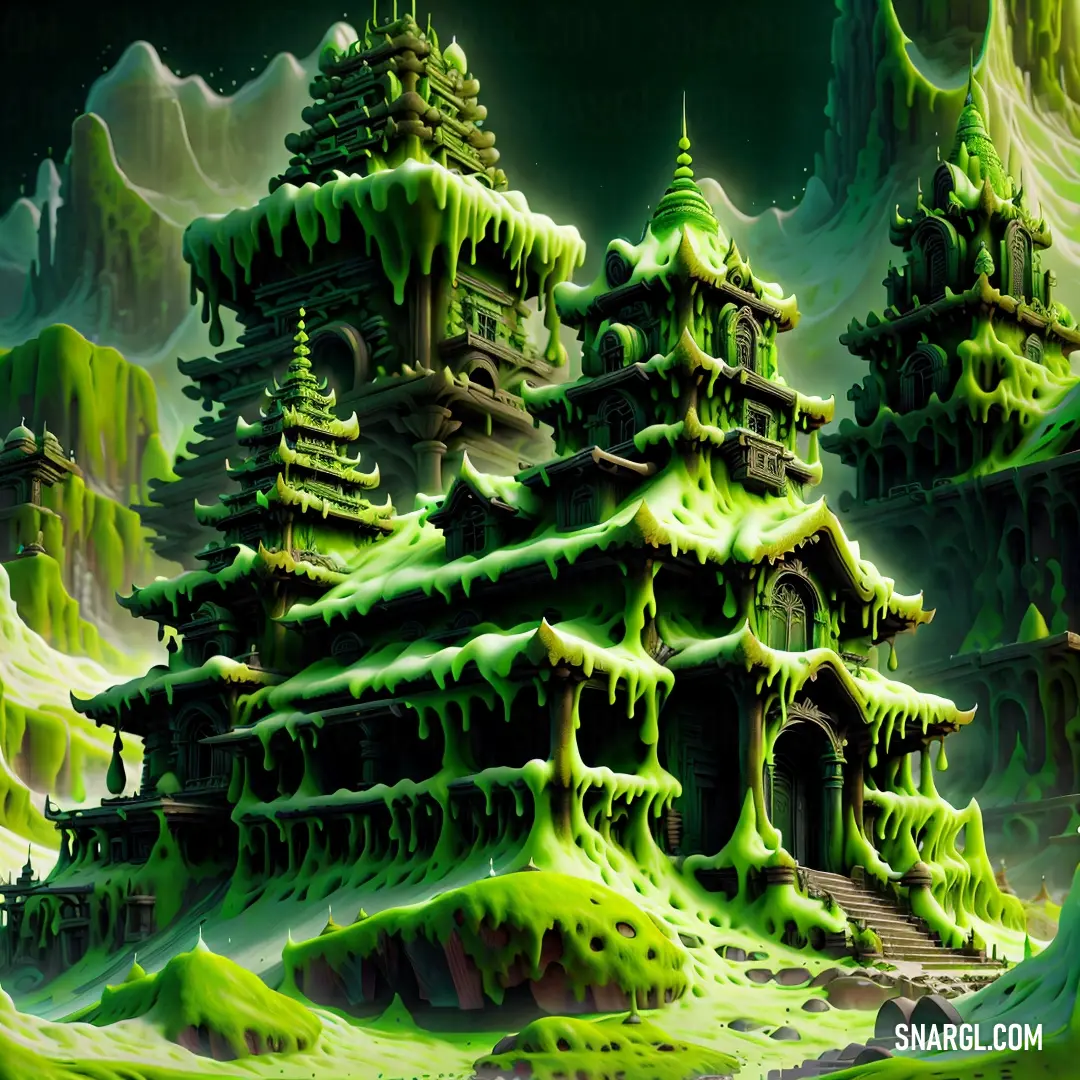 PANTONE 7496 color. Green castle with snow on the roof and trees on the roof and a mountain in the background