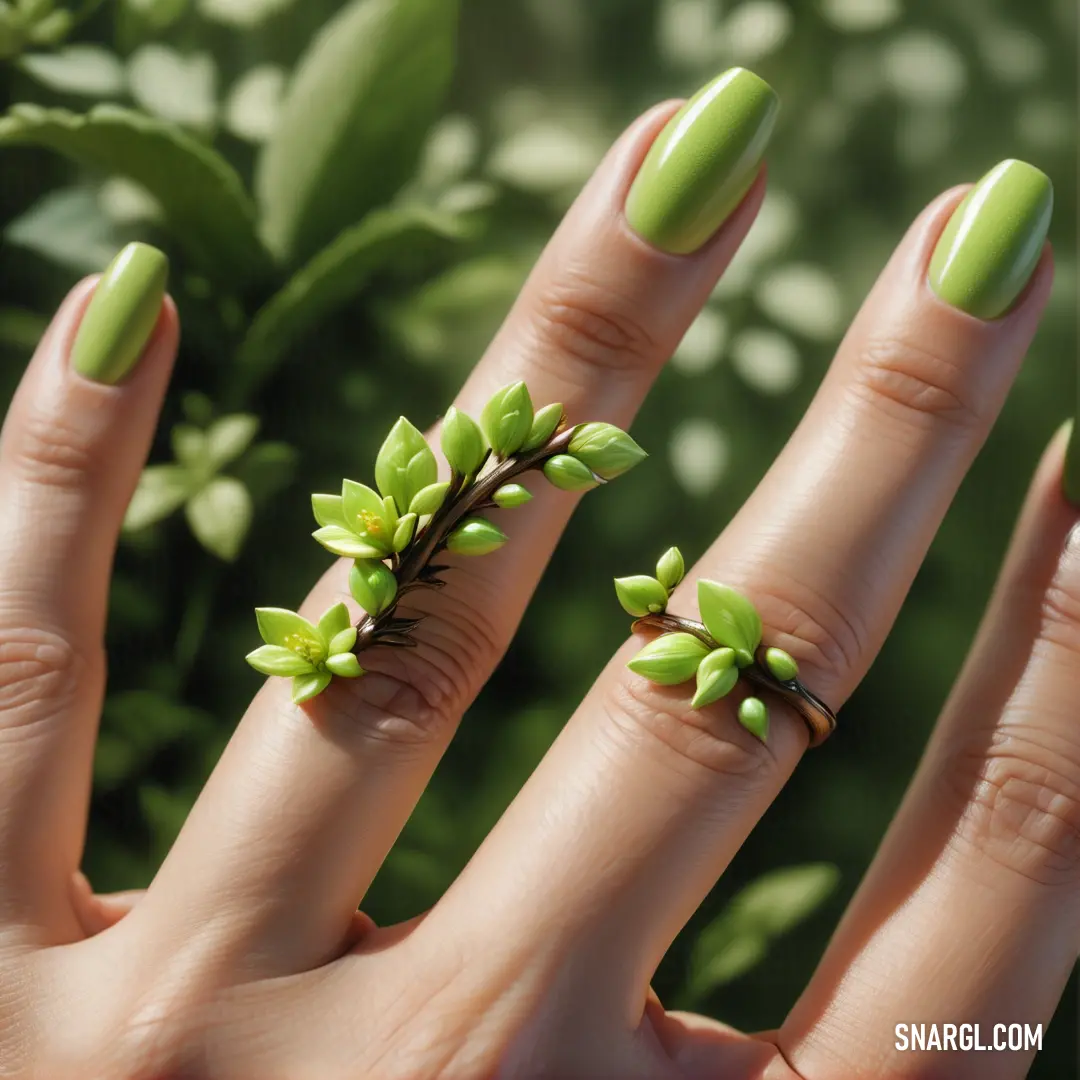 Woman's hand with a ring and a green manicure with flowers on it. Example of RGB 120,137,32 color.