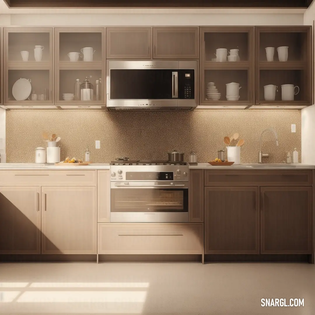 Kitchen with a microwave, oven. Example of PANTONE 7499 color.
