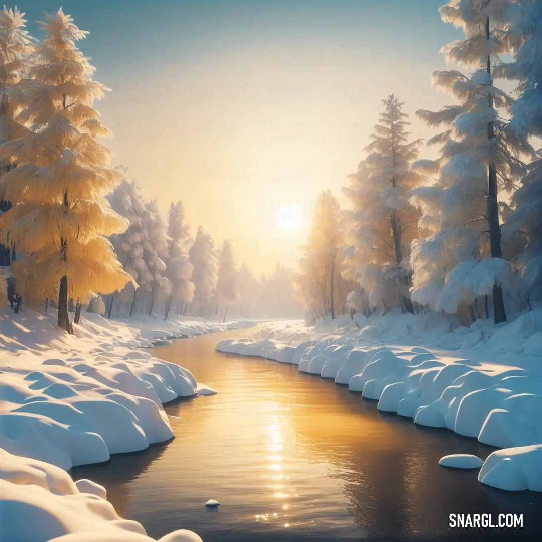 Painting of a river in a snowy forest with trees and snow on the ground and the sun shining through the trees. Color #F5E9BD.