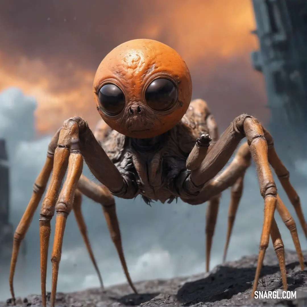 An enchanting close-up of a delightful spider perched on a rock, its large, expressive eyes capturing the light, complemented by slender legs and a soft background of a serene sky.